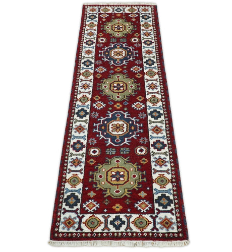 Hand Knotted 2.6x8 Traditional Kazak Red and Ivory Wool Rug