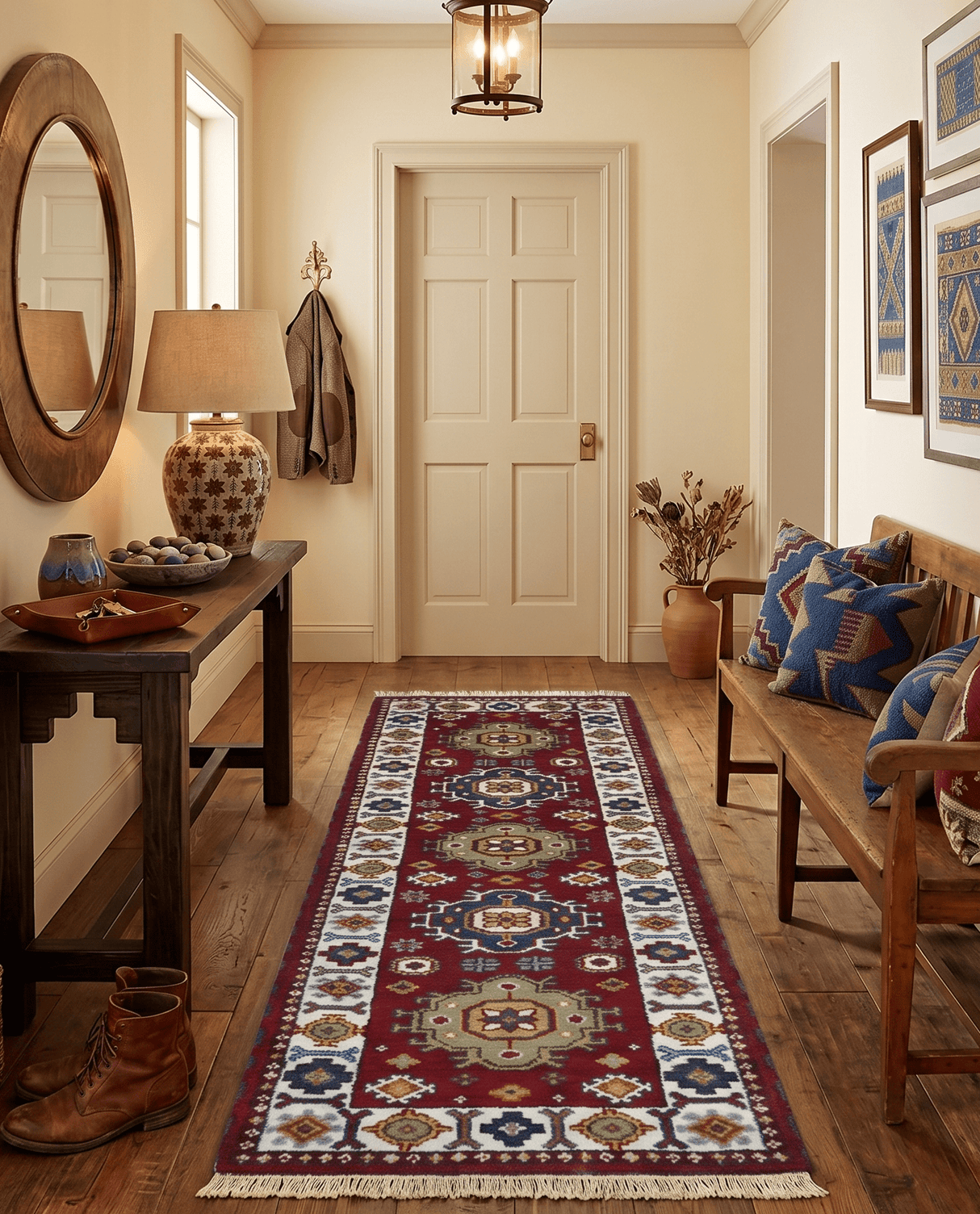 Hand Knotted 2.6x8 Traditional Kazak Red and Ivory Wool Rug
