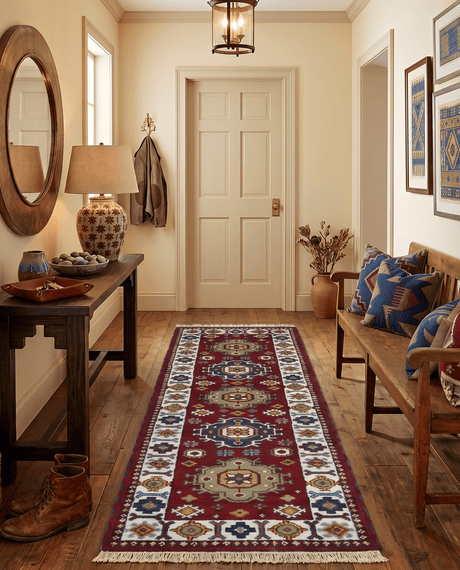 Hand Knotted 2.6x8 Traditional Kazak Red and Ivory Wool Rug