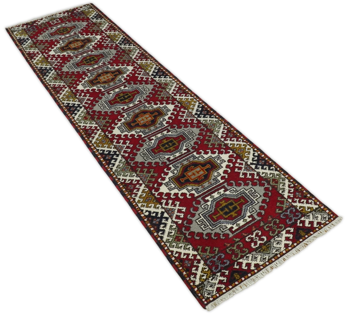 Hand Knotted 2.8x10 Traditional Kazak Ivory and Red Wool Area Rug