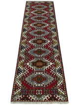 Hand Knotted 2.8x10 Traditional Kazak Ivory and Red Wool Area Rug
