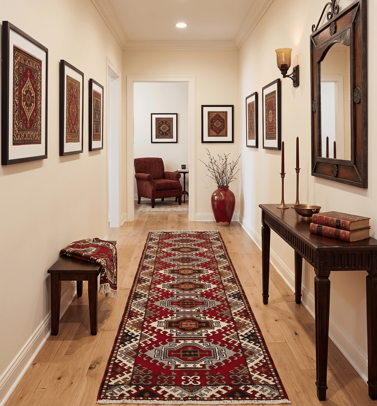 Hand Knotted 2.8x10 Traditional Kazak Ivory and Red Wool Area Rug