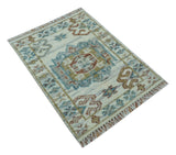 Hand knotted 2x3 Ivory And Blue transitional geometrical Design Wool Area Rug