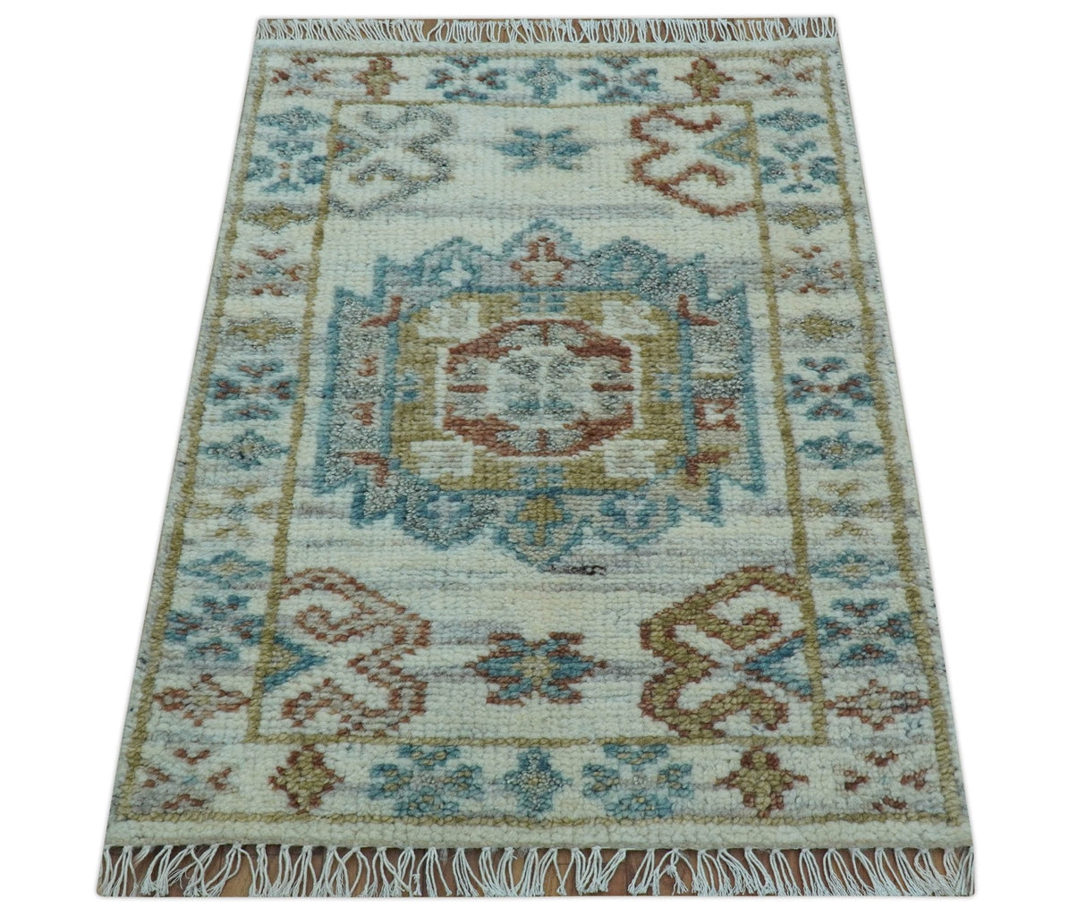 Hand knotted 2x3 Ivory And Blue transitional geometrical Design Wool Area Rug