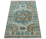Hand knotted 2x3 Ivory And Blue transitional geometrical Design Wool Area Rug