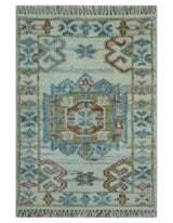 Hand knotted 2x3 Ivory And Blue transitional geometrical Design Wool Area Rug