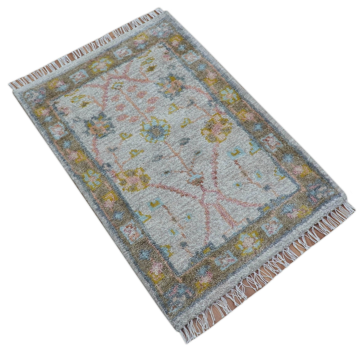 Hand Knotted 2x3 Oushak Design Gray And Green Wool Rug