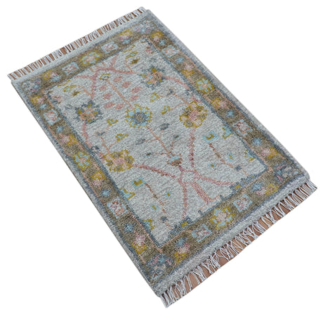 Hand Knotted 2x3 Oushak Design Gray And Green Wool Rug