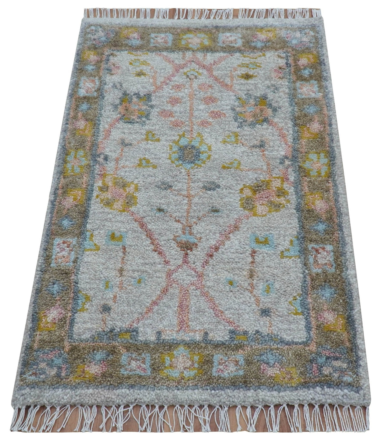 Hand Knotted 2x3 Oushak Design Gray And Green Wool Rug