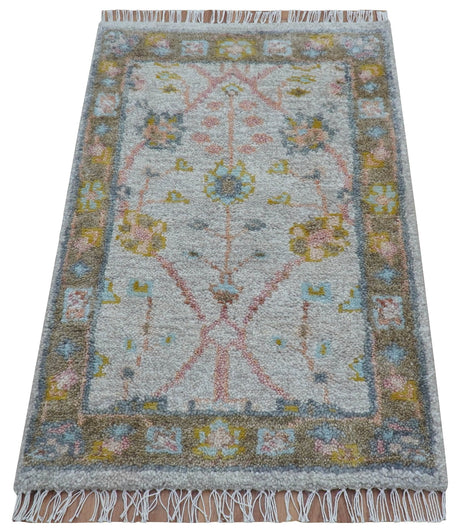Hand Knotted 2x3 Oushak Design Gray And Green Wool Rug