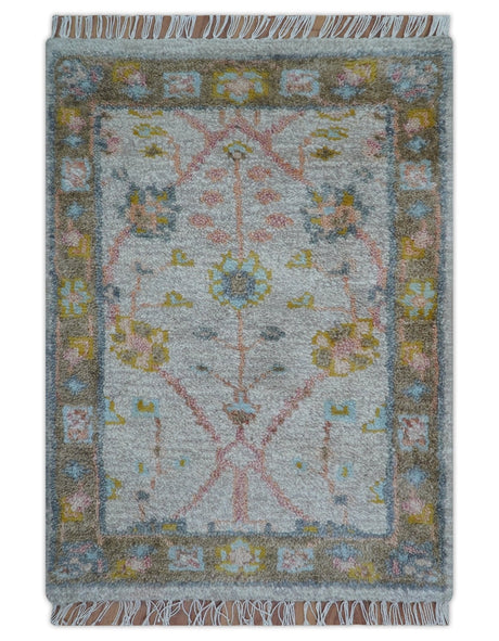 Hand Knotted 2x3 Oushak Design Gray And Green Wool Rug