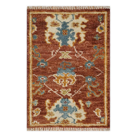 Hand Knotted 2x3 Rust, Blue and Ivory Traditional Antique Persian Design Wool Rug | TRDCP79923-Area Rug-Parc Decor