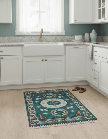 Hand knotted 2x3 Teal Traditional Khotan Design Wool Area Rug