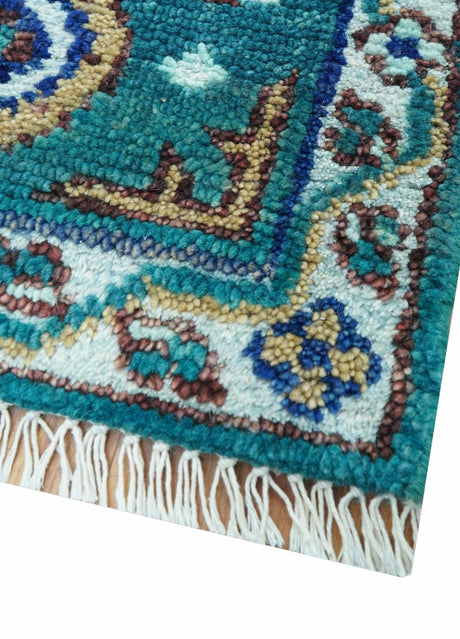 Hand knotted 2x3 Teal Traditional Khotan Design Wool Area Rug