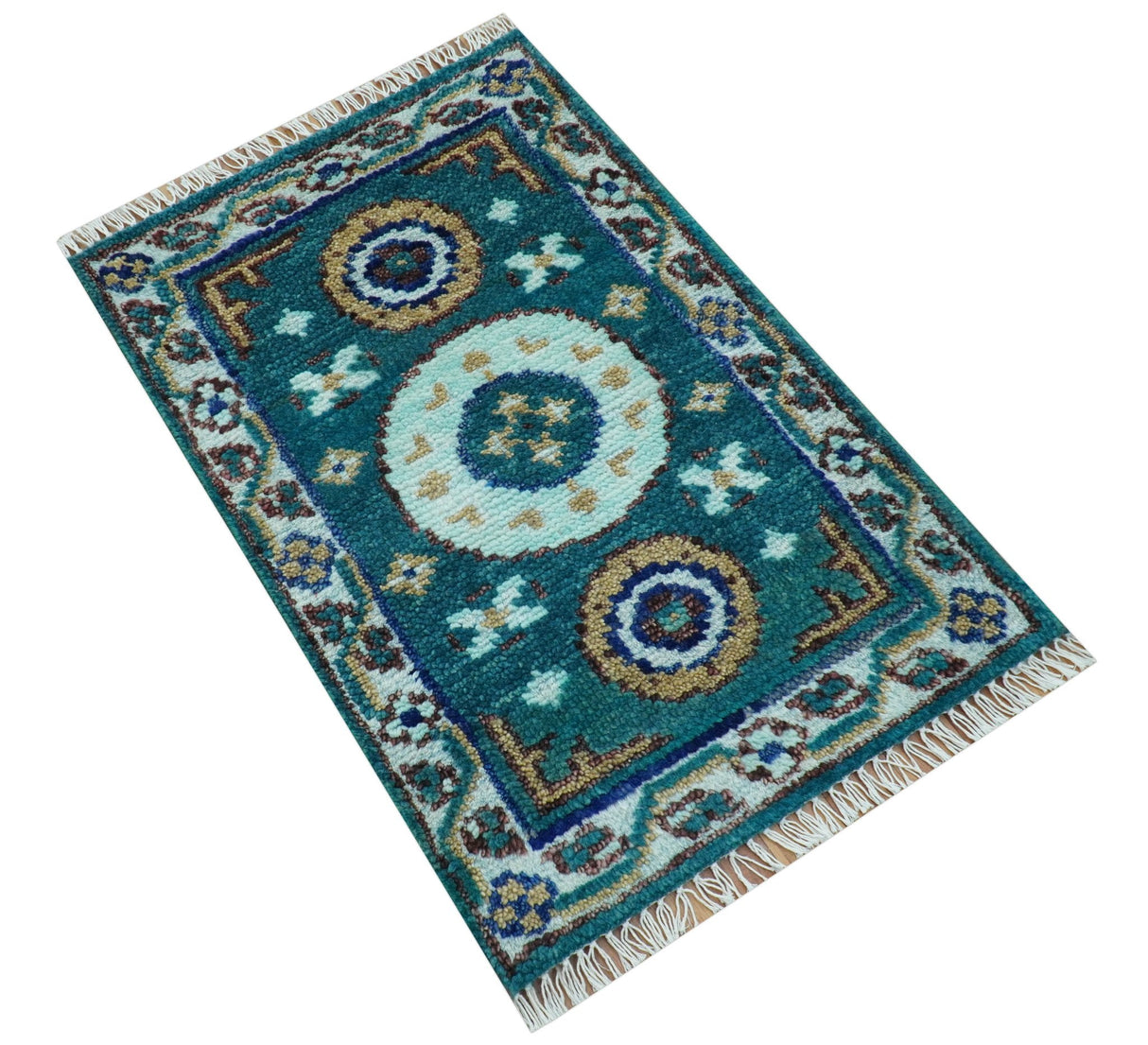 Hand knotted 2x3 Teal Traditional Khotan Design Wool Area Rug