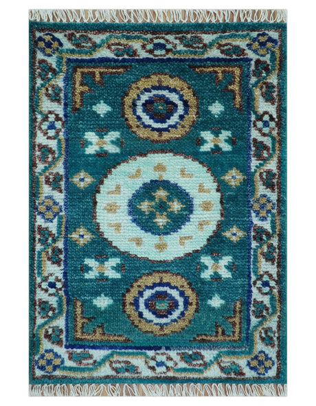 Hand knotted 2x3 Teal Traditional Khotan Design Wool Area Rug
