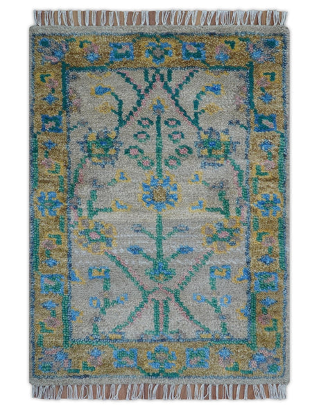 Hand Knotted 2x3 Traditional Design Gray And Green Wool Area Rug