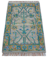 Hand Knotted 2x3 Traditional Design Gray And Green Wool Area Rug