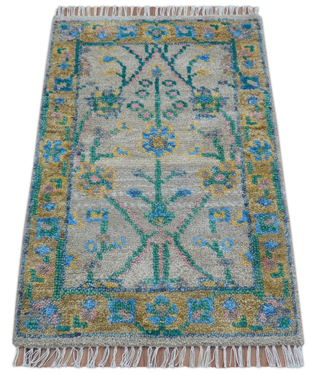 Hand Knotted 2x3 Traditional Design Gray And Green Wool Area Rug