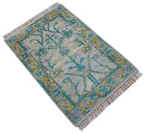 Hand Knotted 2x3 Traditional Design Gray And Green Wool Area Rug