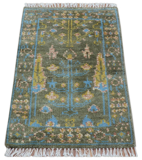 Hand Knotted 2x3 Traditional Tree of life Olive Wool Area Rug