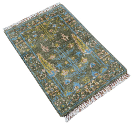 Hand Knotted 2x3 Traditional Tree of life Olive Wool Area Rug