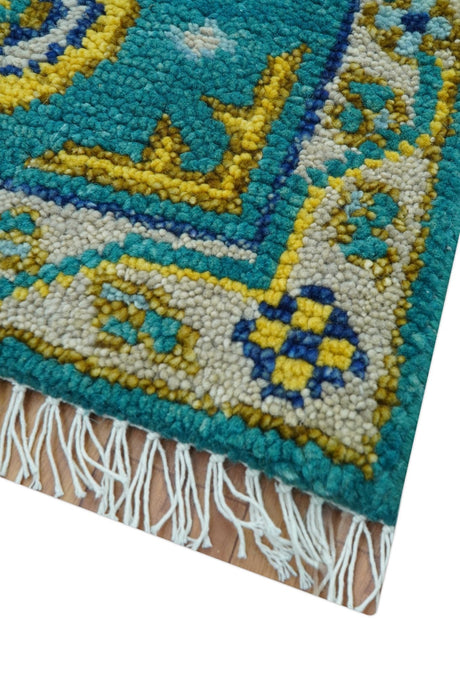 Hand knotted 2x3 Yellow And Teal Traditional Khotan Design Wool Area Rug