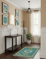 Hand knotted 2x3 Yellow And Teal Traditional Khotan Design Wool Area Rug