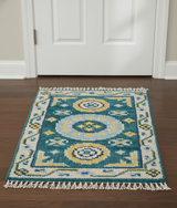 Hand knotted 2x3 Yellow And Teal Traditional Khotan Design Wool Area Rug