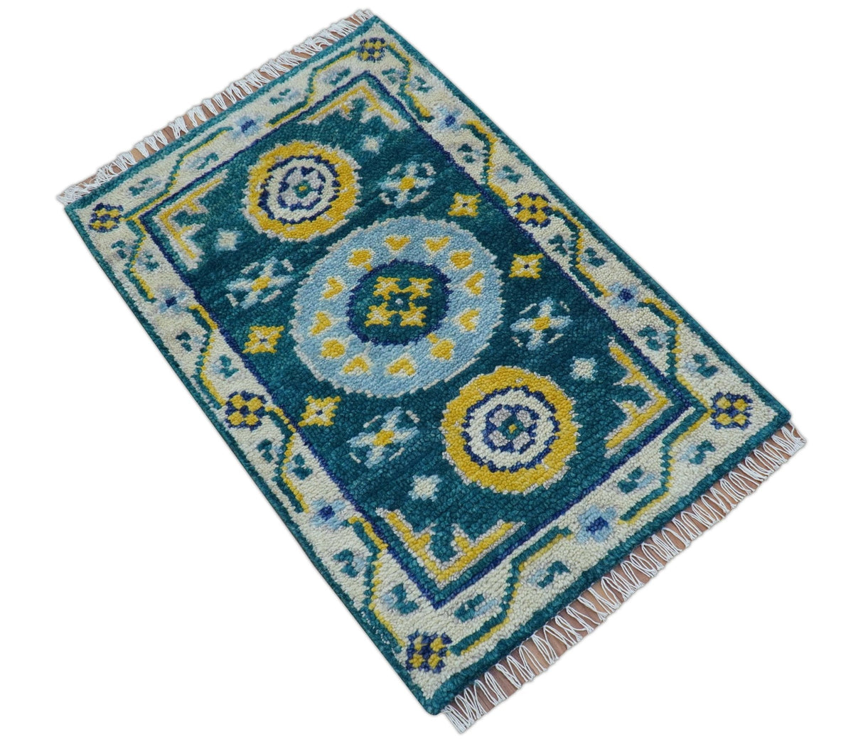 Hand knotted 2x3 Yellow And Teal Traditional Khotan Design Wool Area Rug