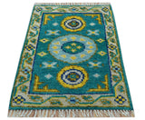 Hand knotted 2x3 Yellow And Teal Traditional Khotan Design Wool Area Rug