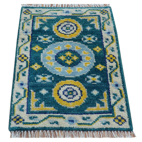 Hand knotted 2x3 Yellow And Teal Traditional Khotan Design Wool Area Rug