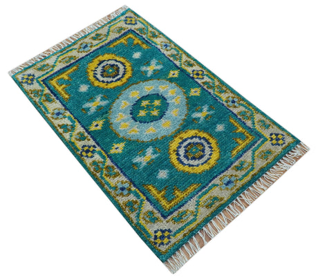 Hand knotted 2x3 Yellow And Teal Traditional Khotan Design Wool Area Rug
