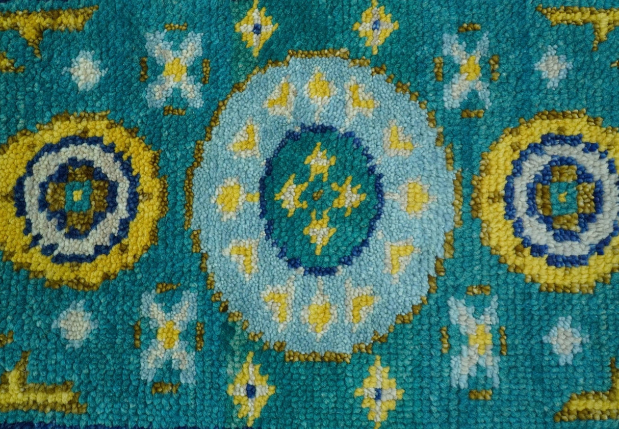 Hand knotted 2x3 Yellow And Teal Traditional Khotan Design Wool Area Rug