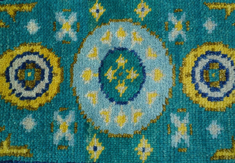 Hand knotted 2x3 Yellow And Teal Traditional Khotan Design Wool Area Rug