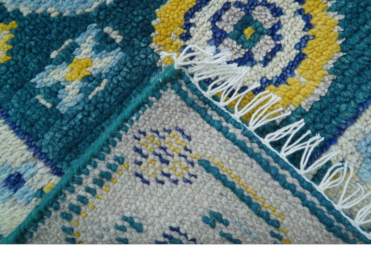 Hand knotted 2x3 Yellow And Teal Traditional Khotan Design Wool Area Rug