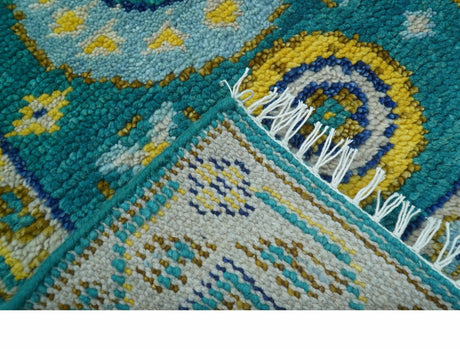Hand knotted 2x3 Yellow And Teal Traditional Khotan Design Wool Area Rug