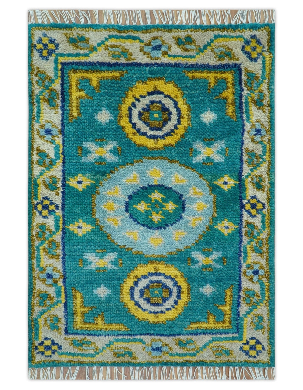 Hand knotted 2x3 Yellow And Teal Traditional Khotan Design Wool Area Rug