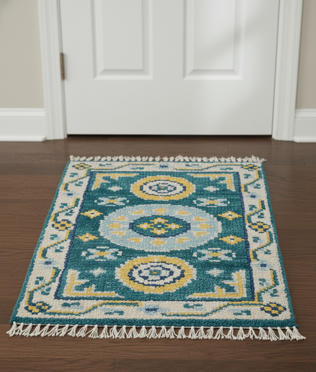 Hand knotted 2x3 Yellow And Teal Traditional Khotan Design Wool Area Rug