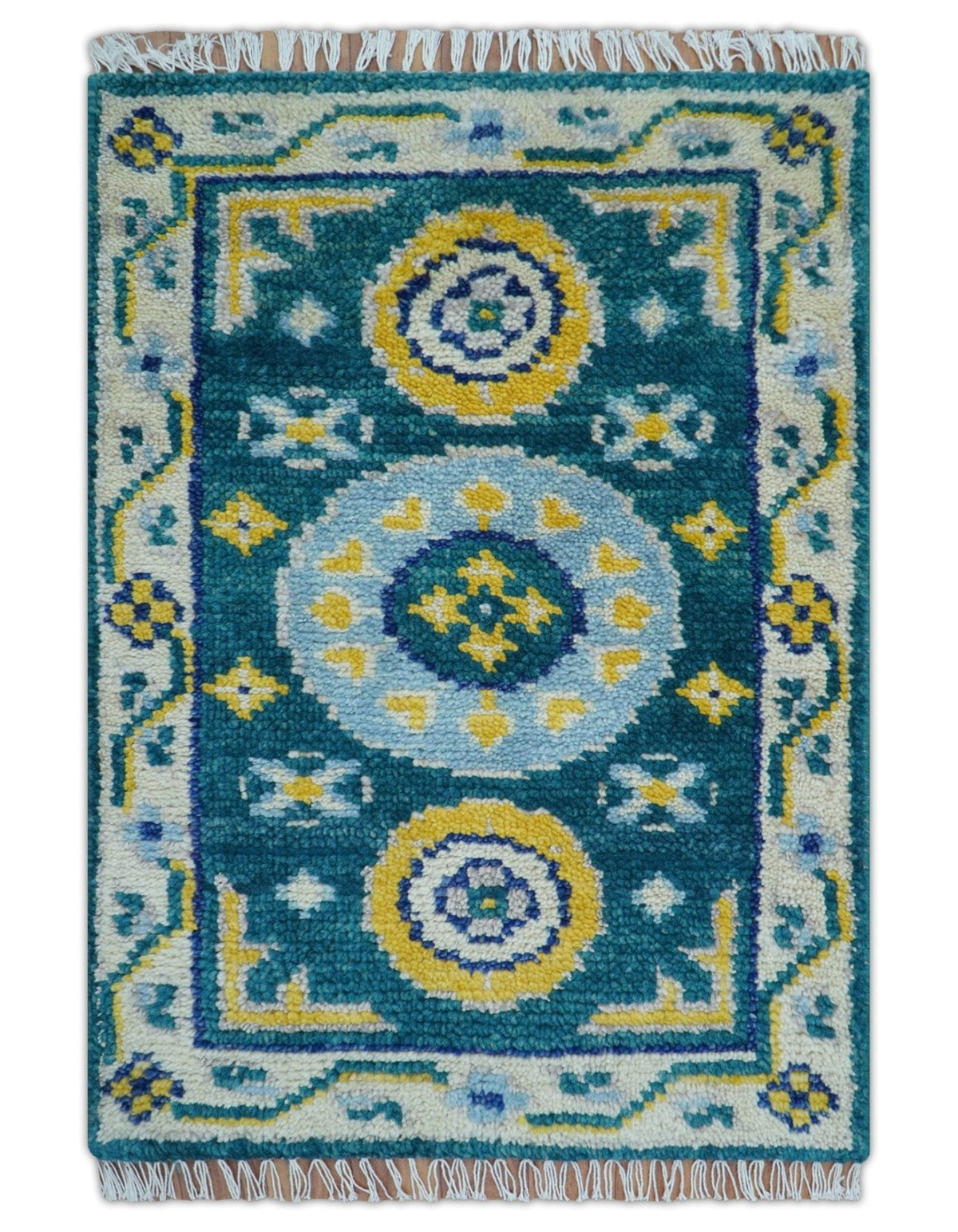 Hand knotted 2x3 Yellow And Teal Traditional Khotan Design Wool Area Rug
