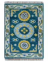 Hand knotted 2x3 Yellow And Teal Traditional Khotan Design Wool Area Rug