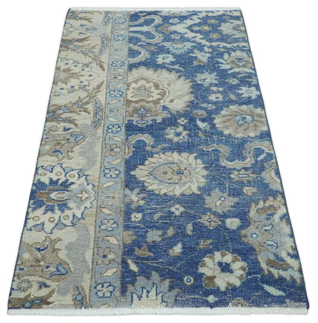 Hand Knotted 2x4 Blue and Beige Traditional Oxidized Textured Persian Wool Rug