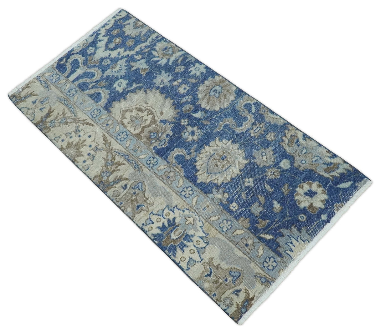 Hand Knotted 2x4 Blue and Beige Traditional Oxidized Textured Persian Wool Rug