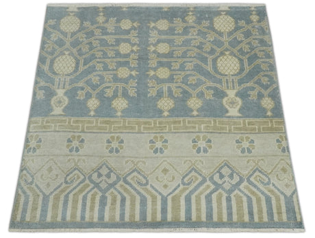 Hand Knotted 3x3 Gray, Ivory and Beige Traditional Low Pile Wool Rug, Bedside Rug | N35033