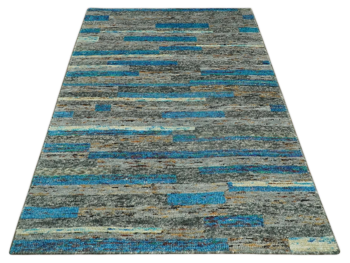 Hand Knotted 4.5x6.5 Gray, Ivory and Blue Modern Abstract Recycled Silk Area Rug