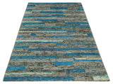 Hand Knotted 4.5x6.5 Gray, Ivory and Blue Modern Abstract Recycled Silk Area Rug