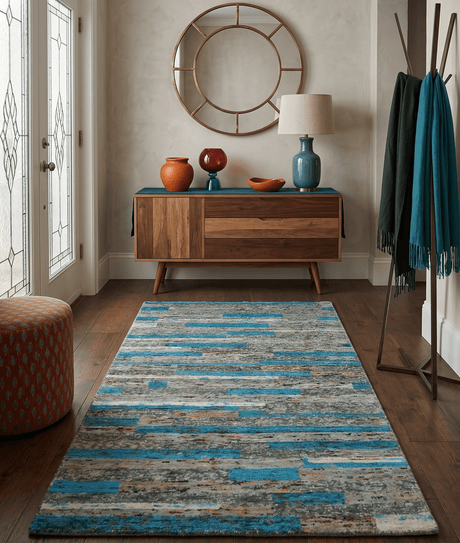 Hand Knotted 4.5x6.5 Gray, Ivory and Blue Modern Abstract Recycled Silk Area Rug