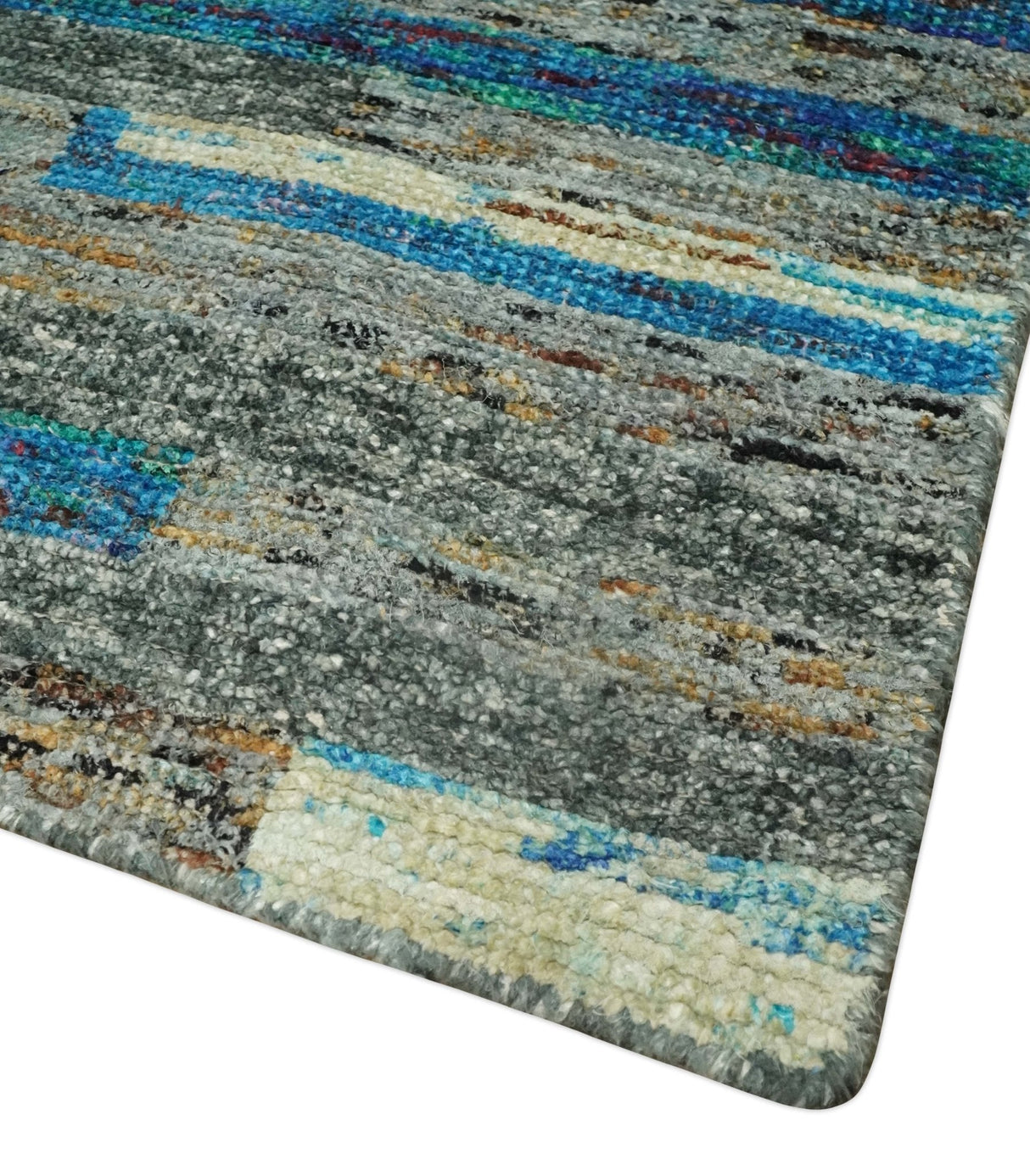 Hand Knotted 4.5x6.5 Gray, Ivory and Blue Modern Abstract Recycled Silk Area Rug