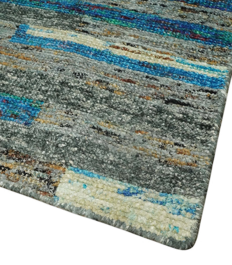 Hand Knotted 4.5x6.5 Gray, Ivory and Blue Modern Abstract Recycled Silk Area Rug