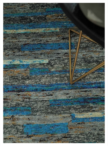 Hand Knotted 4.5x6.5 Gray, Ivory and Blue Modern Abstract Recycled Silk Area Rug